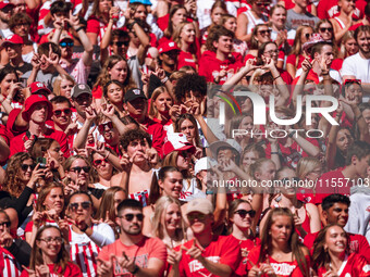 The Wisconsin Badgers play against the South Dakota Coyotes at Camp Randall Stadium in Madison, Wisconsin, on September 7, 2024. (