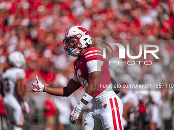 Wisconsin Badgers wide receiver Will Pauling #6 gives a thumbs up at Camp Randall Stadium in Madison, Wisconsin, on September 7, 2024. (