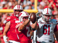 Wisconsin Badgers running back Cade Yacamelli #25 celebrates a first down in the face of South Dakota defensive lineman Blake Holden #61 at...