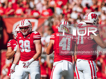 Wisconsin Badgers tight end Tucker Ashcraft #38, tight end JT Seagreaves #41, and offensive lineman Riley Mahlman #71 are at Camp Randall St...