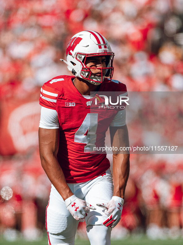 Wisconsin Badgers wide receiver C.J. Williams #4 lines up against the South Dakota Coyotes at Camp Randall Stadium in Madison, Wisconsin, on...