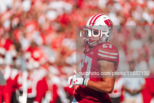 Wisconsin Badgers wide receiver Haakon Anderson #27 is at Camp Randall Stadium in Madison, Wisconsin, on September 7, 2024. 