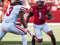 Wisconsin Badgers running back Chez Mellusi #1 takes a screen pass against the South Dakota Coyotes defense at Camp Randall Stadium in Madis...