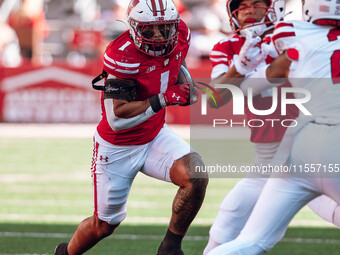 Wisconsin Badgers running back Chez Mellusi #1 takes a screen pass against the South Dakota Coyotes defense at Camp Randall Stadium in Madis...