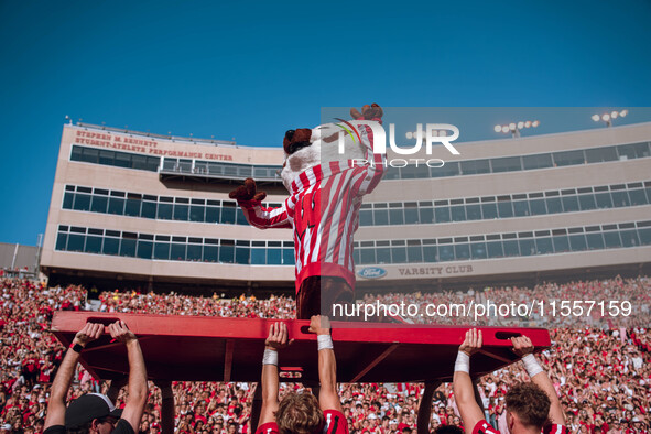 Bucky Badger is at Camp Randall Stadium in Madison, Wisconsin, on September 7, 2024. 