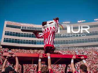 Bucky Badger is at Camp Randall Stadium in Madison, Wisconsin, on September 7, 2024. (