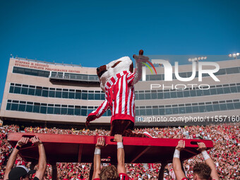 Bucky Badger is at Camp Randall Stadium in Madison, Wisconsin, on September 7, 2024. (