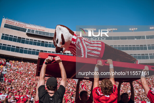 Bucky Badger is at Camp Randall Stadium in Madison, Wisconsin, on September 7, 2024. 