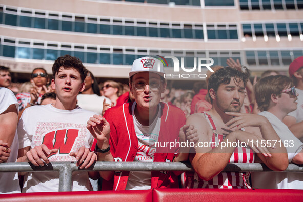 The Wisconsin Badgers play against the South Dakota Coyotes at Camp Randall Stadium in Madison, Wisconsin, on September 7, 2024. 