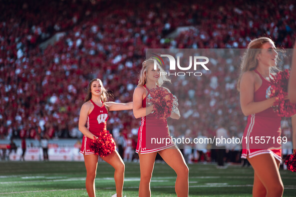 The Wisconsin Badgers play against the South Dakota Coyotes at Camp Randall Stadium in Madison, Wisconsin, on September 7, 2024. 