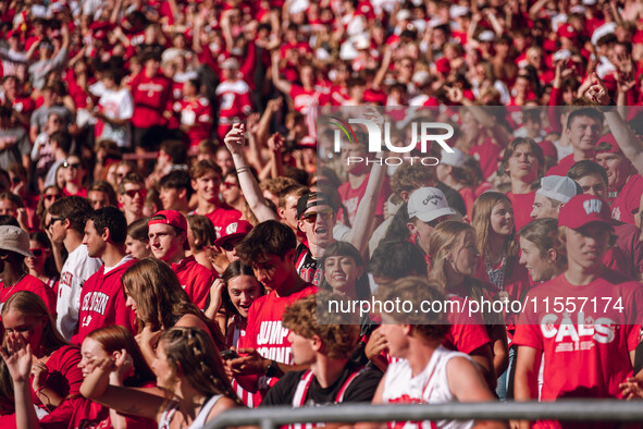 Wisconsin Badger fans celebrate at Camp Randall Stadium in Madison, Wisconsin, on September 7, 2024. 