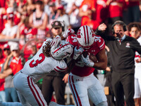 South Dakota defensive back Teven McKelvey #3 grabs the facemask of Wisconsin Badgers running back Jackson Acker #34 at Camp Randall Stadium...