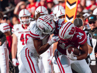 South Dakota defensive back Teven McKelvey #3 grabs the facemask of Wisconsin Badgers running back Jackson Acker #34 at Camp Randall Stadium...