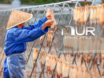 A worker dries squid at a seafood processing company in Zhoushan, China, on September 8, 2024. (