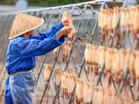 A worker dries squid at a seafood processing company in Zhoushan, China, on September 8, 2024. (