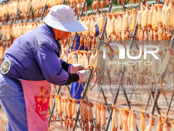 A worker dries squid at a seafood processing company in Zhoushan, China, on September 8, 2024. (