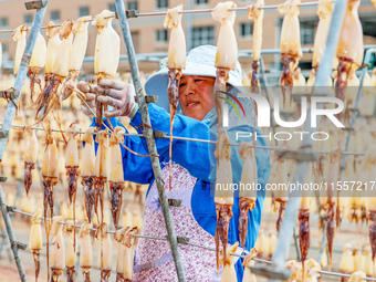 A worker dries squid at a seafood processing company in Zhoushan, China, on September 8, 2024. (