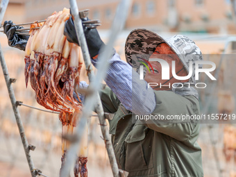 A worker dries squid at a seafood processing company in Zhoushan, China, on September 8, 2024. (