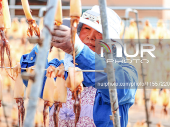 A worker dries squid at a seafood processing company in Zhoushan, China, on September 8, 2024. (