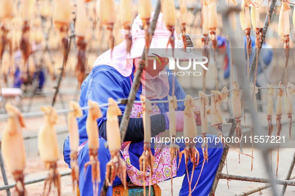 A worker dries squid at a seafood processing company in Zhoushan, China, on September 8, 2024. 