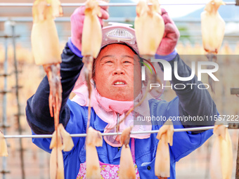 A worker dries squid at a seafood processing company in Zhoushan, China, on September 8, 2024. (