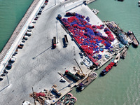 Fishermen load a floating ship to be transported to a breeding area in Lianyungang, China, on September 8, 2024. (