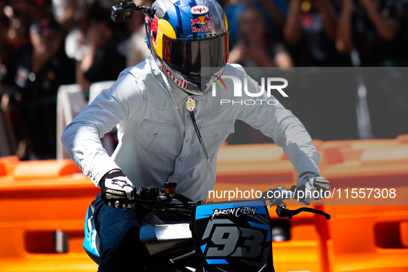 Aaron Colton rides through downtown Houston, Texas, on September 7, 2024, during a Red Bull Showrun. 