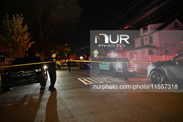 Police presence at the crime scene where three people are shot at 132-45 220th Street in Jamaica, Queens, New York, United States, on Septem...