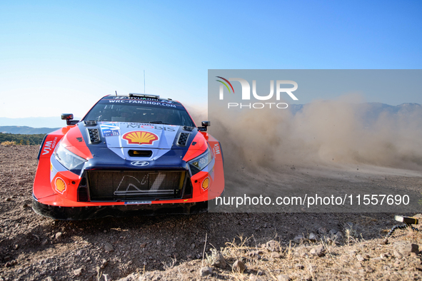 Driver Ott Tanak and co-driver Martin Jarveoja of the Hyundai Shell Mobis World Rally Team, in the Hyundai i20 N Rally1 Hybrid, face the sec...