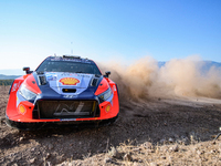 Driver Ott Tanak and co-driver Martin Jarveoja of the Hyundai Shell Mobis World Rally Team, in the Hyundai i20 N Rally1 Hybrid, face the sec...