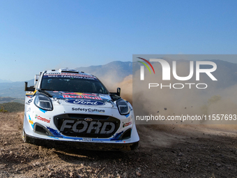 Driver Adrien Fourmaux and co-driver Alexandre Coria of the team M-Sport Ford World Rally Team Ford Puma Rally1 Hybrid face the second day o...