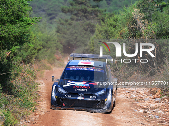 Driver Takamoto Katsuta and co-driver Aaron Johnston of Team Toyota Gazoo Racing WRT, Toyota GR Yaris Rally1 Hybrid, face the second day of...