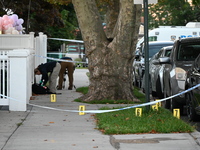 Crime scene investigators place evidence markers at the scene where three people are shot at 132-45 220th Street in Queens, New York, United...