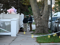 Crime scene investigators place evidence markers at the scene where three people are shot at 132-45 220th Street in Queens, New York, United...