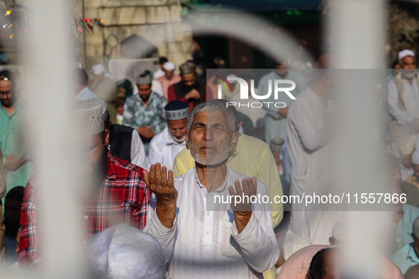 A Kashmiri Muslim devotee prays during annual congregational prayers called ''Khoja Digar'' on the 3rd of Rabi-ul-Awwal, the third month of...