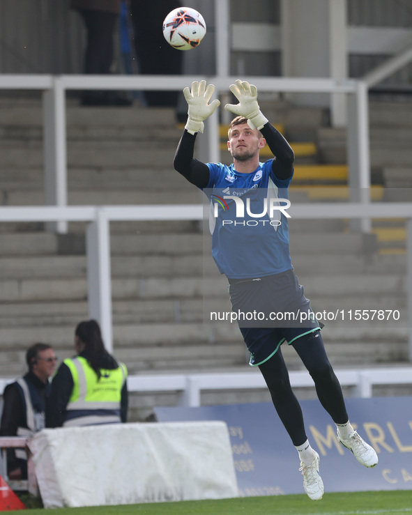 Adam Smith of Hartlepool United warms up during the Vanarama National League match between Hartlepool United and FC Halifax Town at Victoria...