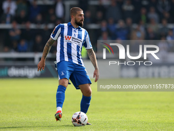 Kieron Freeman of Hartlepool United is in action during the Vanarama National League match between Hartlepool United and FC Halifax Town at...