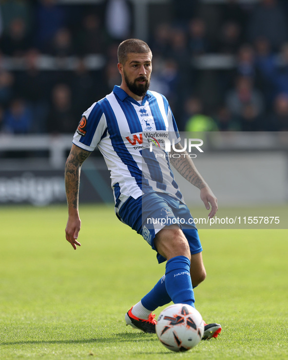 Kieron Freeman of Hartlepool United is in action during the Vanarama National League match between Hartlepool United and FC Halifax Town at...