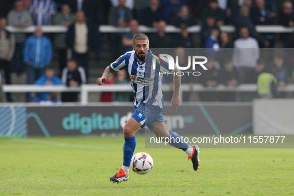 Kieron Freeman of Hartlepool United is in action during the Vanarama National League match between Hartlepool United and FC Halifax Town at...