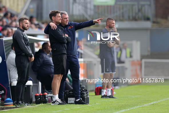 FC Halifax Town manager Chris Millington (right) discusses with Assistant Manager Andy Cooper during the Vanarama National League match betw...