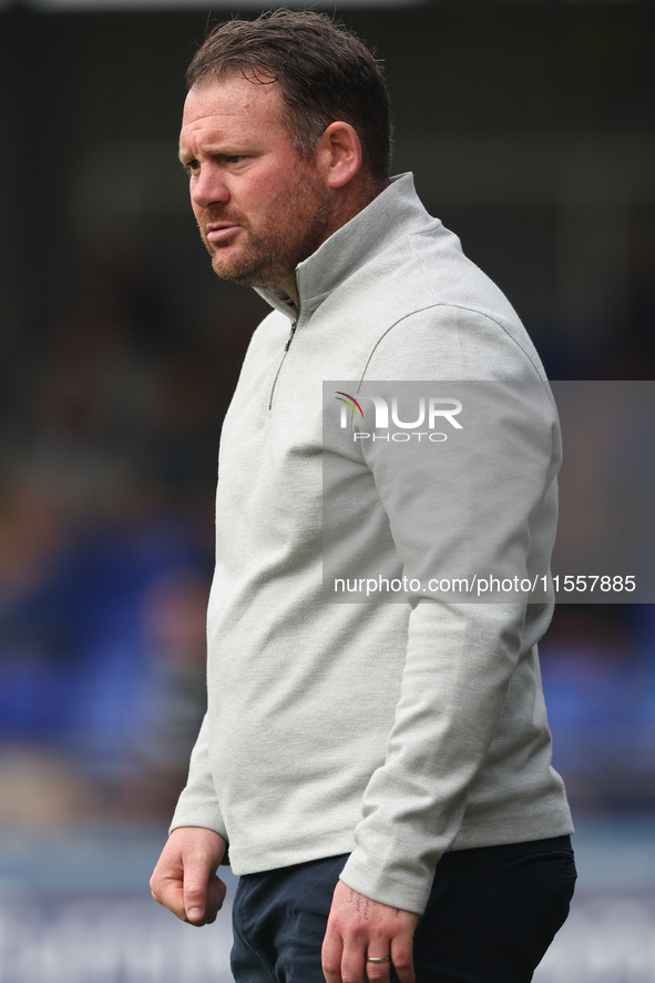 Hartlepool manager Darren Sarll during the Vanarama National League match between Hartlepool United and FC Halifax Town at Victoria Park in...