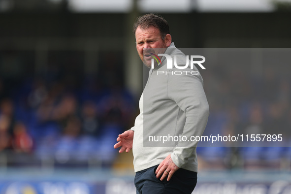 Hartlepool manager Darren Sarll during the Vanarama National League match between Hartlepool United and FC Halifax Town at Victoria Park in...