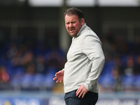 Hartlepool manager Darren Sarll during the Vanarama National League match between Hartlepool United and FC Halifax Town at Victoria Park in...