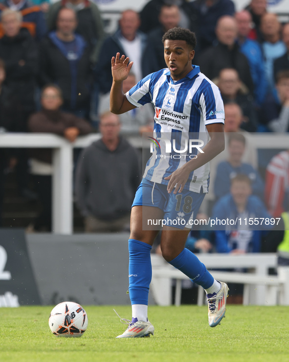 Roshaun Mathurin of Hartlepool United is in action during the Vanarama National League match between Hartlepool United and FC Halifax Town a...