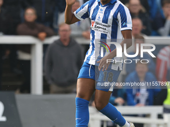 Roshaun Mathurin of Hartlepool United is in action during the Vanarama National League match between Hartlepool United and FC Halifax Town a...