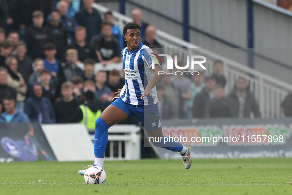 Roshaun Mathurin of Hartlepool United is in action during the Vanarama National League match between Hartlepool United and FC Halifax Town a...