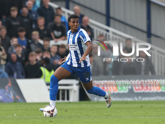 Roshaun Mathurin of Hartlepool United is in action during the Vanarama National League match between Hartlepool United and FC Halifax Town a...