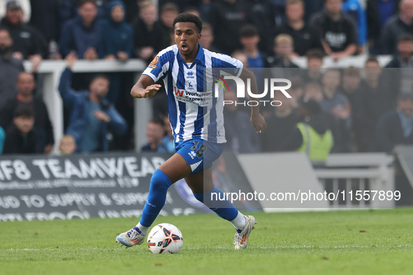 Roshaun Mathurin of Hartlepool United is in action during the Vanarama National League match between Hartlepool United and FC Halifax Town a...