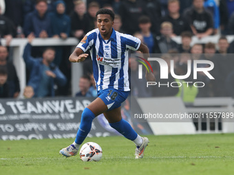 Roshaun Mathurin of Hartlepool United is in action during the Vanarama National League match between Hartlepool United and FC Halifax Town a...