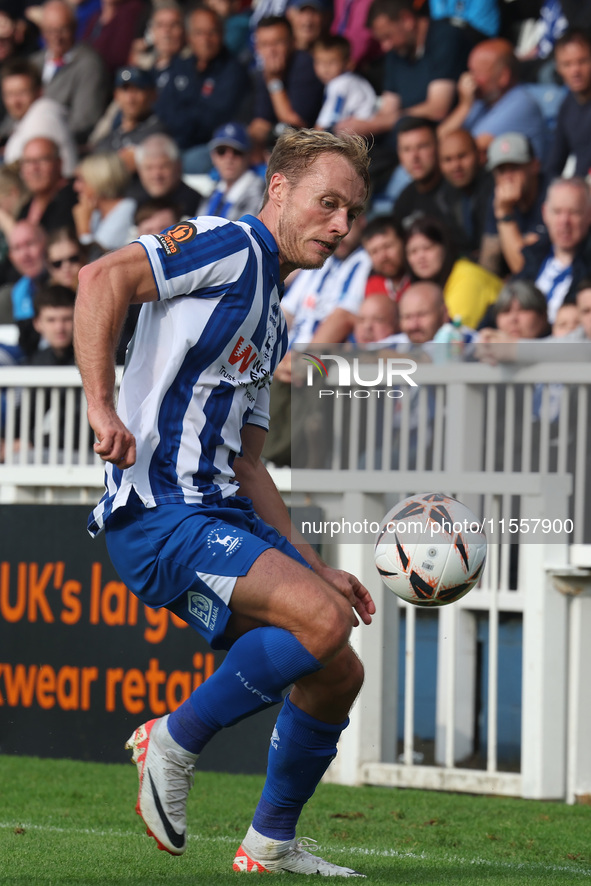 Greg Sloggett of Hartlepool United plays during the Vanarama National League match between Hartlepool United and FC Halifax Town at Victoria...